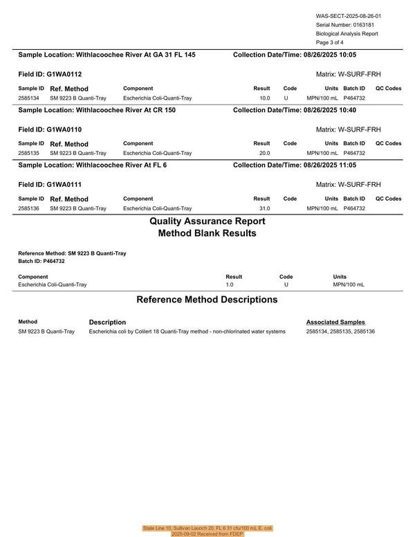State Line 10, Sullivan Launch 20, FL 6 31 cfu/100 mL E. coli, 2025-09-02 Received from FDEP