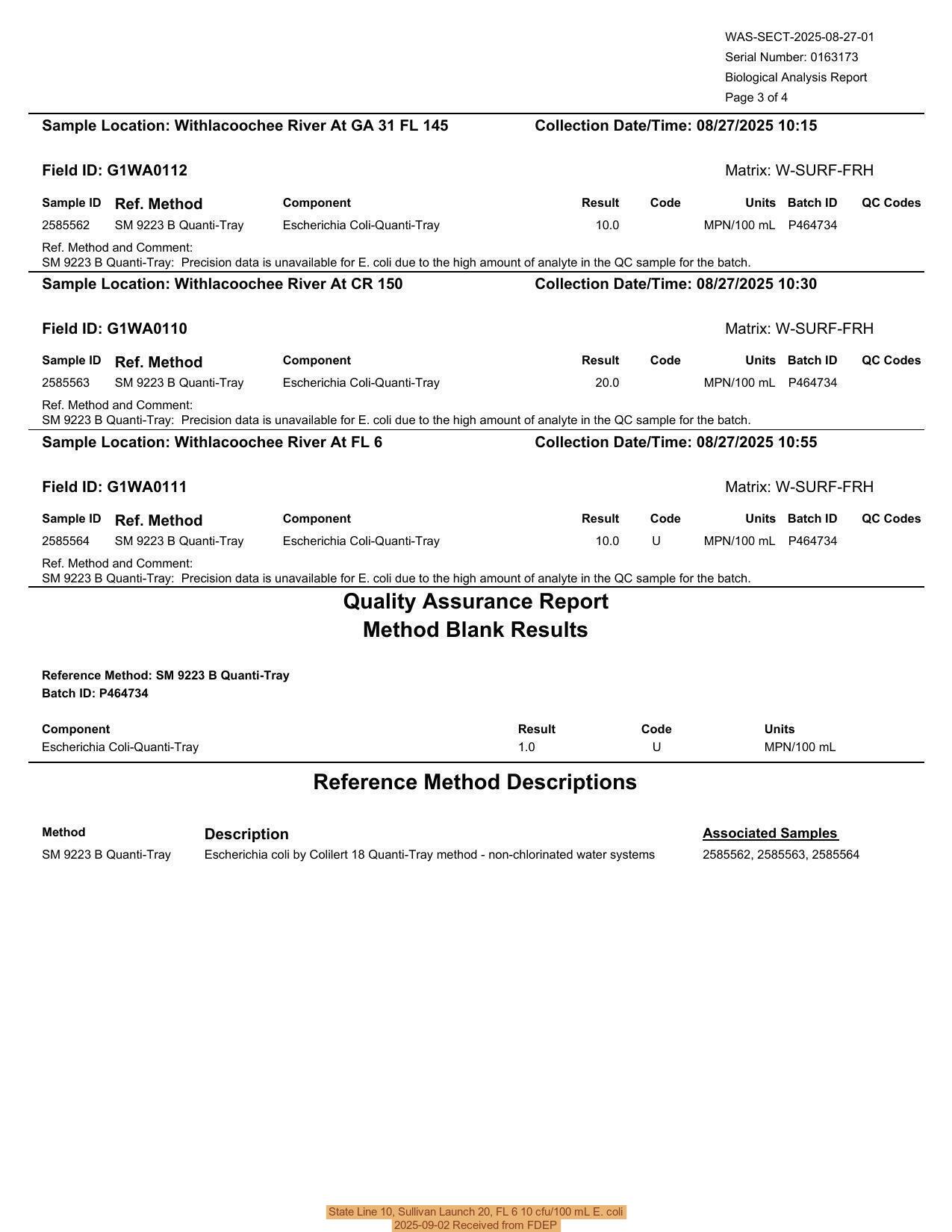 State Line 10, Sullivan Launch 20, FL 6 10 cfu/100 mL E. coli, 2025-09-02 Received from FDEP