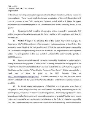 [10. Within 30 days of the effective date of this Order, Respondent shall pay the Department $24,750.00 in settlement of the regulatory matters addressed in this Order.]