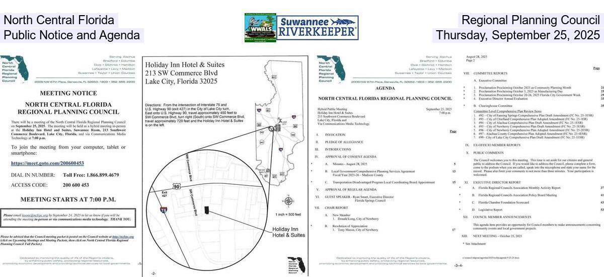 North Central Florida Regional Planning Council, Public Notice and Agenda, Thursday, September 25, 2025
