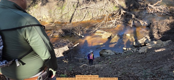 Hiker at the Dead River, 2025:11:01 10:22:58, 30.5818657, -83.0514795 --jsq for WWALS