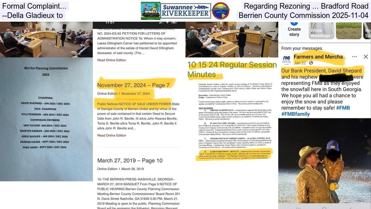 Formal Complaint... Regarding Rezoning ... Bradford Road --Della Gladieux to Berrien County Commission 2025-11-04