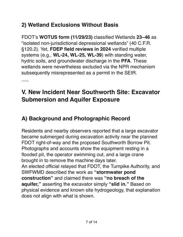 V. New Incident Near Southworth Site: Excavator Submersion and Aquifer Exposure