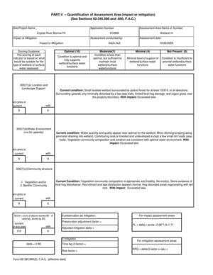 [Current condition: Water quantity and quality appear near optimal for the wetland. Minor ditching/scraping along perimeter draining into wetland. Contributing area is forested and undeveloped except a few small dirt roads (jeep trails). Vegetation community composition and zonation are consistent with optimal water environment. With impact: Excavated lake]