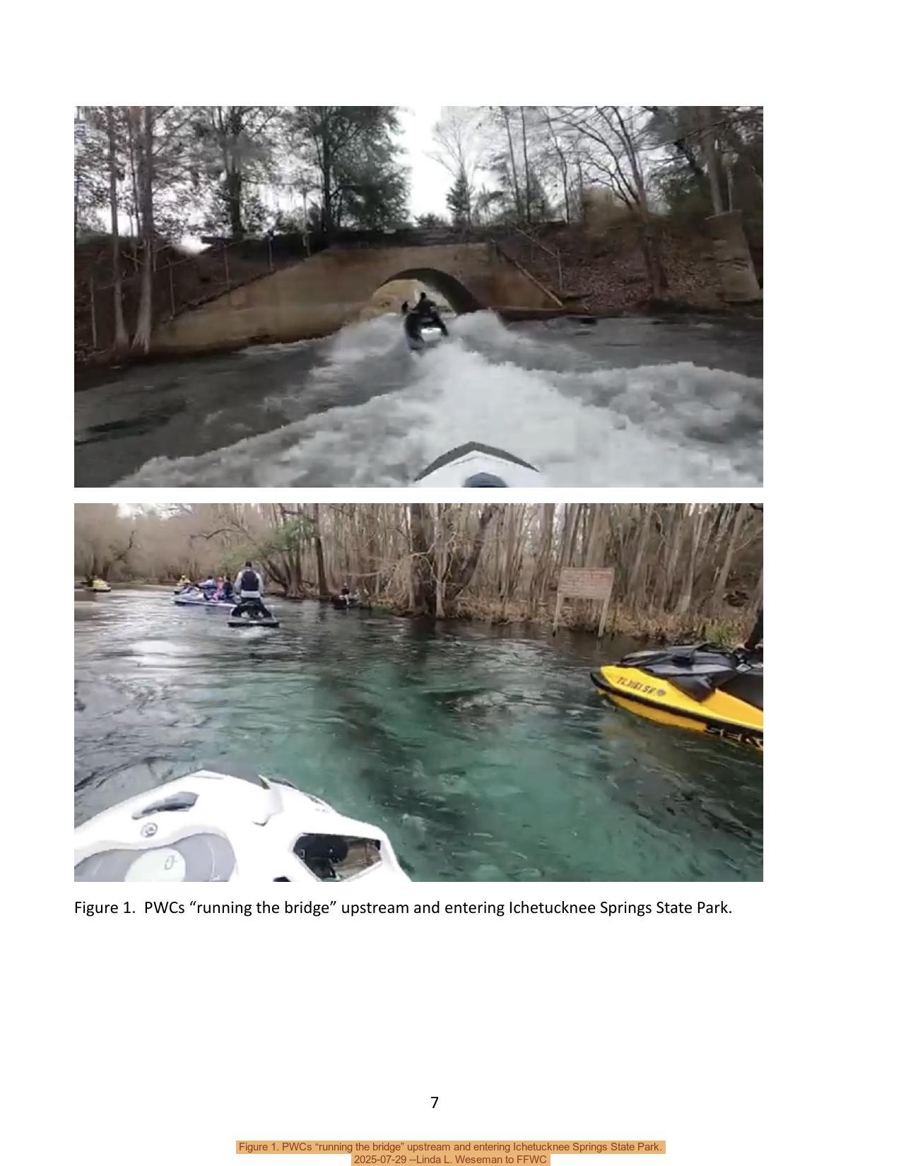 Figure 1. PWCs “running the bridge” upstream and entering Ichetucknee Springs State Park, 2025-10-07 --Linda Weseman to FFWC