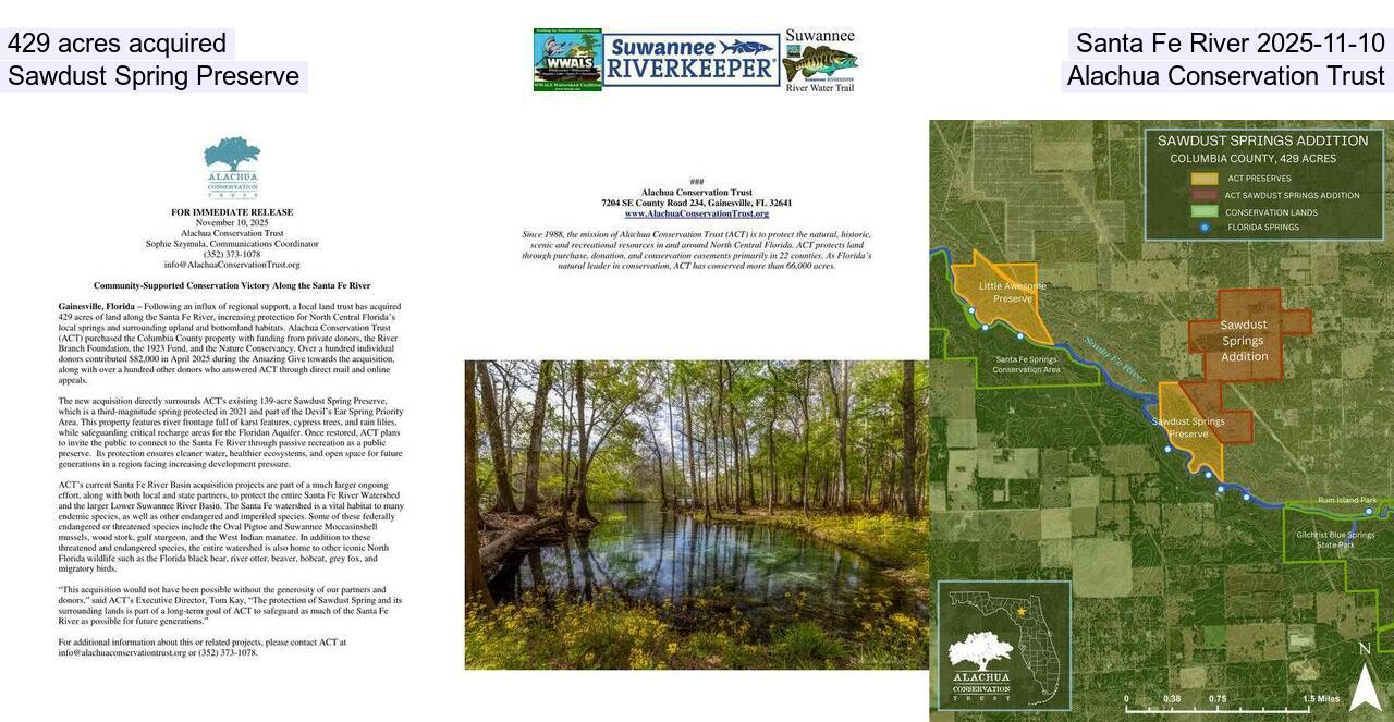 429 acres acquired, Santa Fe River 2025-11-10, Sawdust Spring Preserve, Alachua Conservation Trust