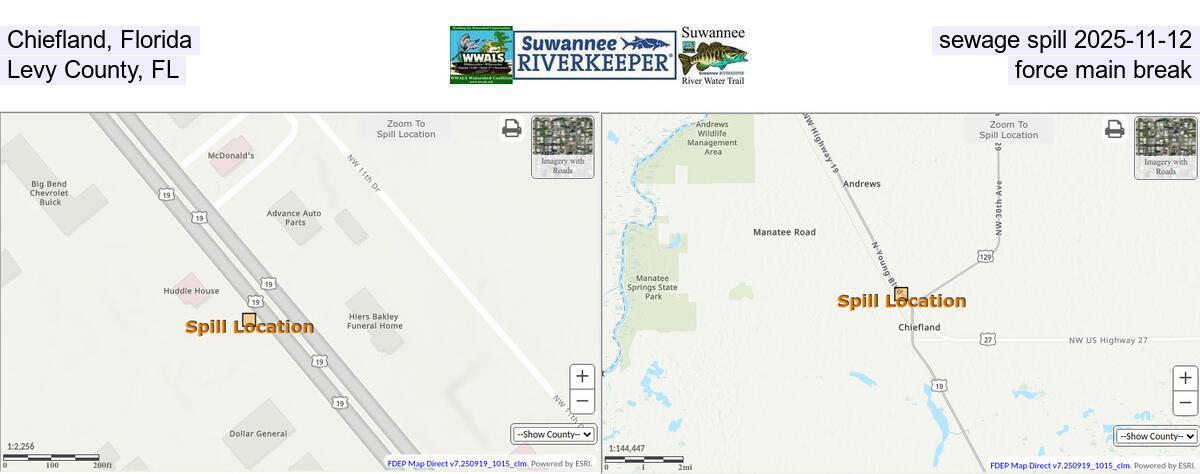 [Chiefland, Florida, sewage spill 2025-11-12, Levy County, FL, force main break]