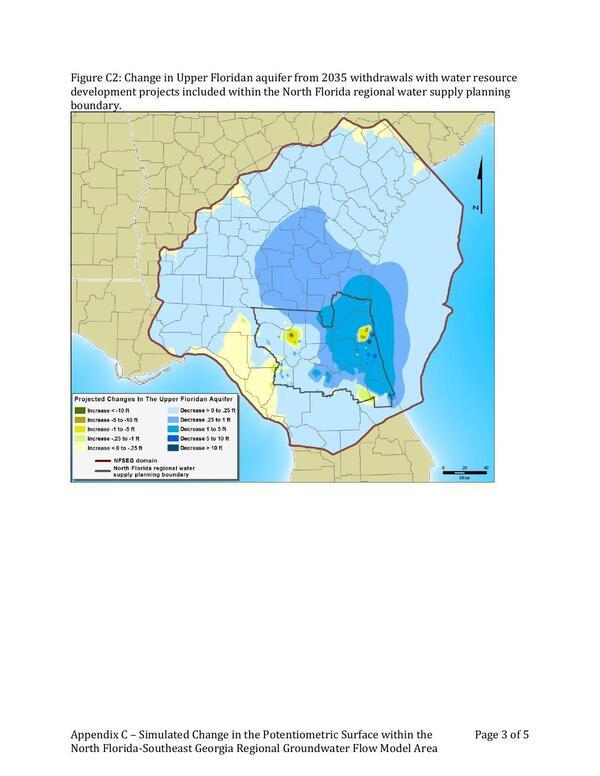 Figure C2: Change in Upper Floridan aquifer from 2035 withdrawals with water resource development projects included within the North Florida regional water supply planning boundary.
