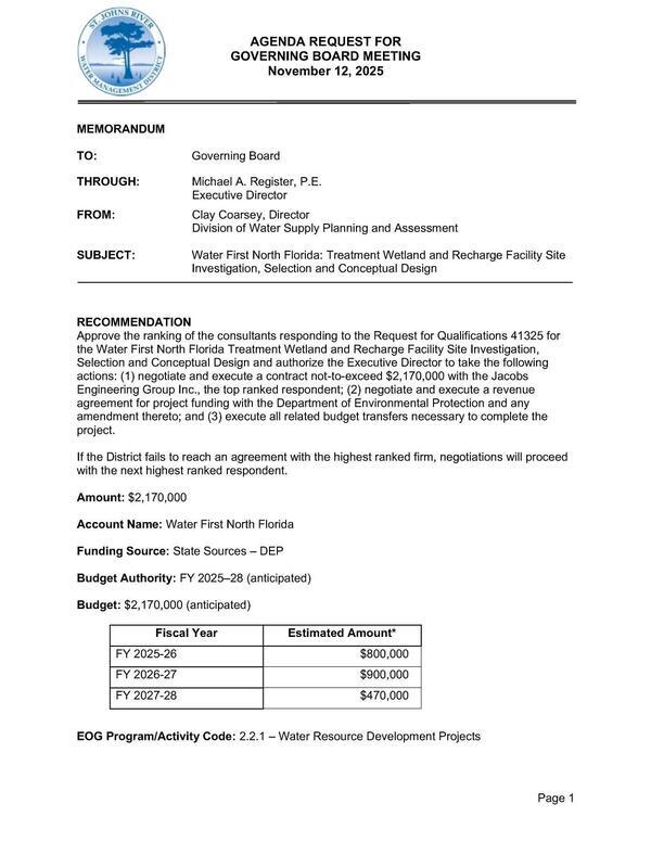 WFNF: Treatment Wetland and Recharge Facility Site Investigation, Selection and Conceptual Design, 2025-11-12 --SJRWMD