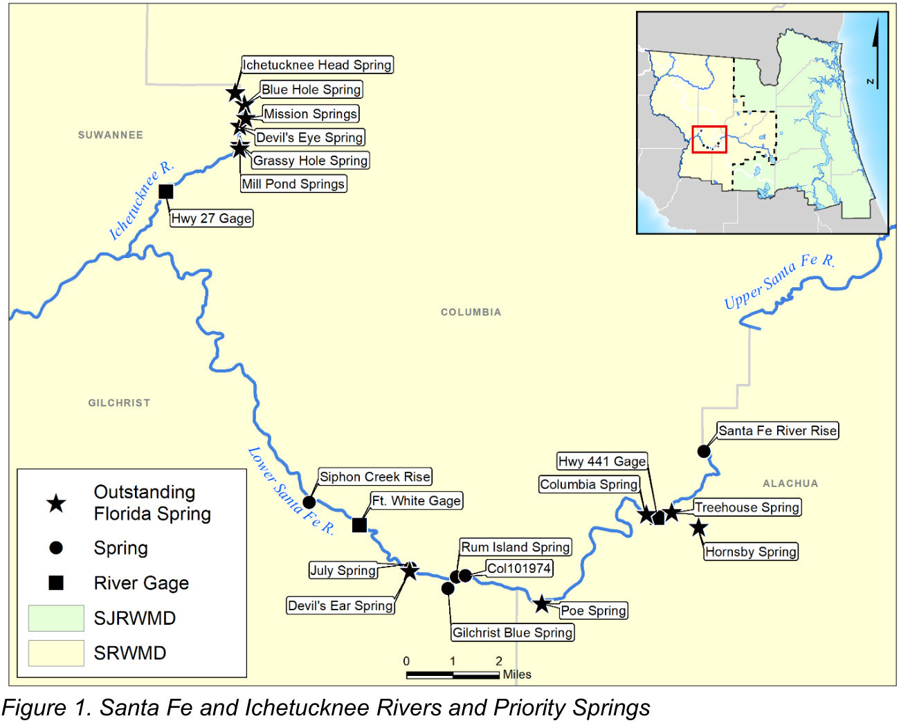 Map: Figure 1. Santa Fe and Ichtucknee Rivers and Springs 2025-11-12 --SJRWMD