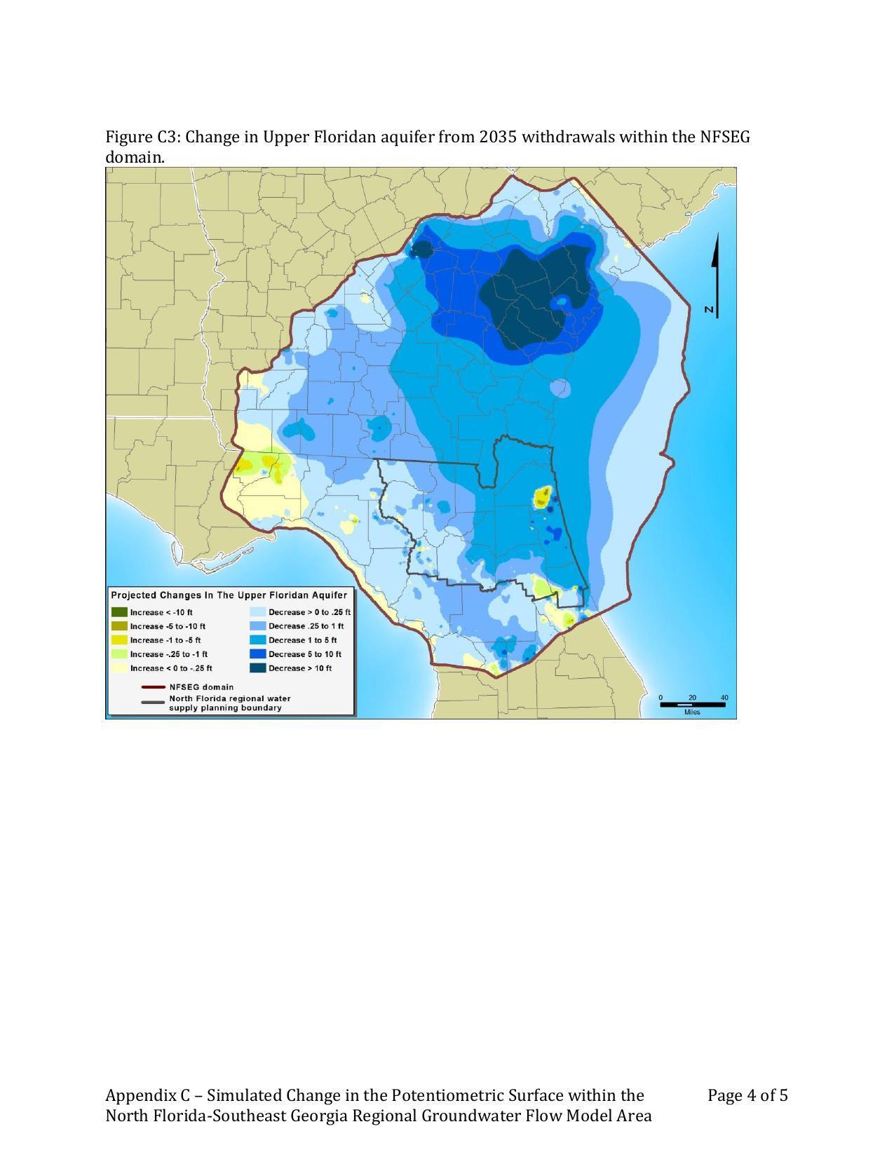 Figure C3: Change in Upper Floridan aquifer from 2035 withdrawals within the NFSEG domain.
