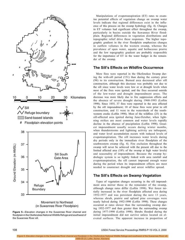 [Figure 5. Elevation changes in the Suwannee River channel and floodplain in the Okefenokee National Wildlife Refuge and southwest of the Suwannee River sill. 1999-05-23, Loftin, Aicher, Kitchens]