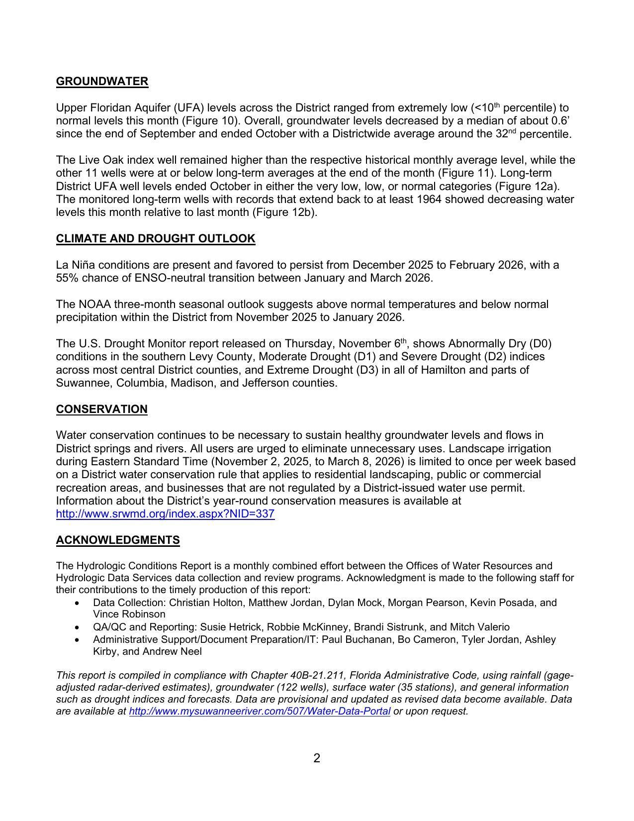 Page 02: Upper Floridan Aquifer (UFA) levels across the District ranged from extremely low (<10th percentile) to normal levels this month (Figure 10).