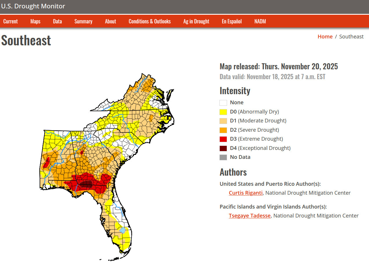 Map: U.S. Southeast Drought Monitor 2025-11-20 Data valid: November 18, 2025 at 7 a.m. EST
