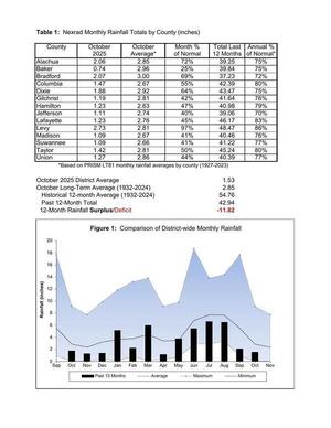 [Table 1: Nexrad Monthly Rainfall Totals by County (inches)]