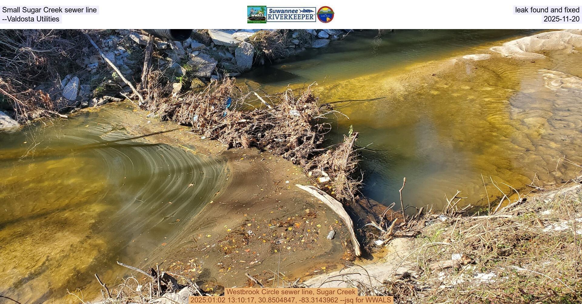 [Small Sugar Creek sewer line leak found and fixed --Valdosta Utilities, 2025-11-20]