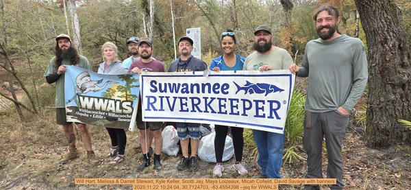 [Will Hart, Melissa & Darrell Stewart, Kyle Keller, Scotti Jay, Maya Loizeaux, Micah Cofield, David Savage with banners, 2025:11:22 10:24:04, 30.7124703, -83.4554398 --jsq for WWALS]