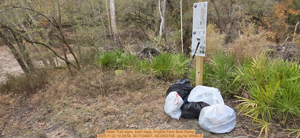 [Water Trail signs, trash bags, Knights Ferry Boat Ramp, 2025:11:22 10:29:56, 30.7124647, -83.4553708 --jsq for WWALS]