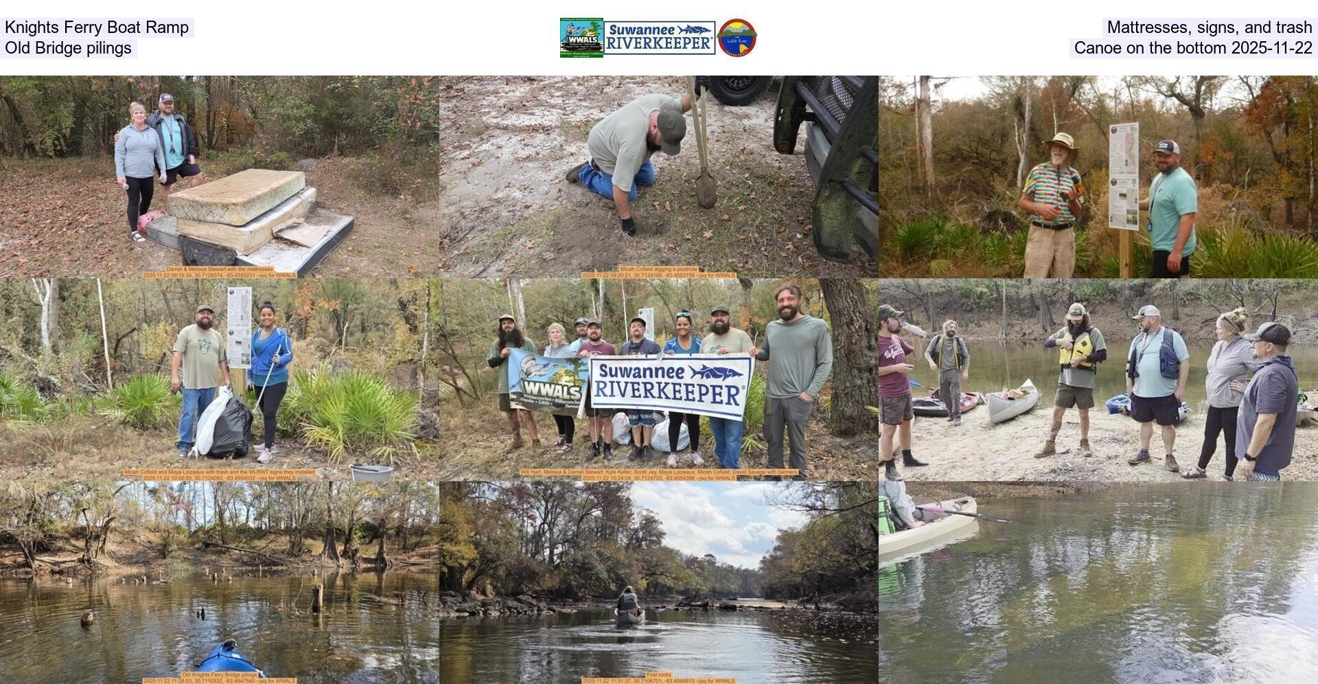 Knights Ferry Boat Ramp, Mattresses, signs, and trash, Old Bridge pilings, Canoe on the bottom 2025-11-22