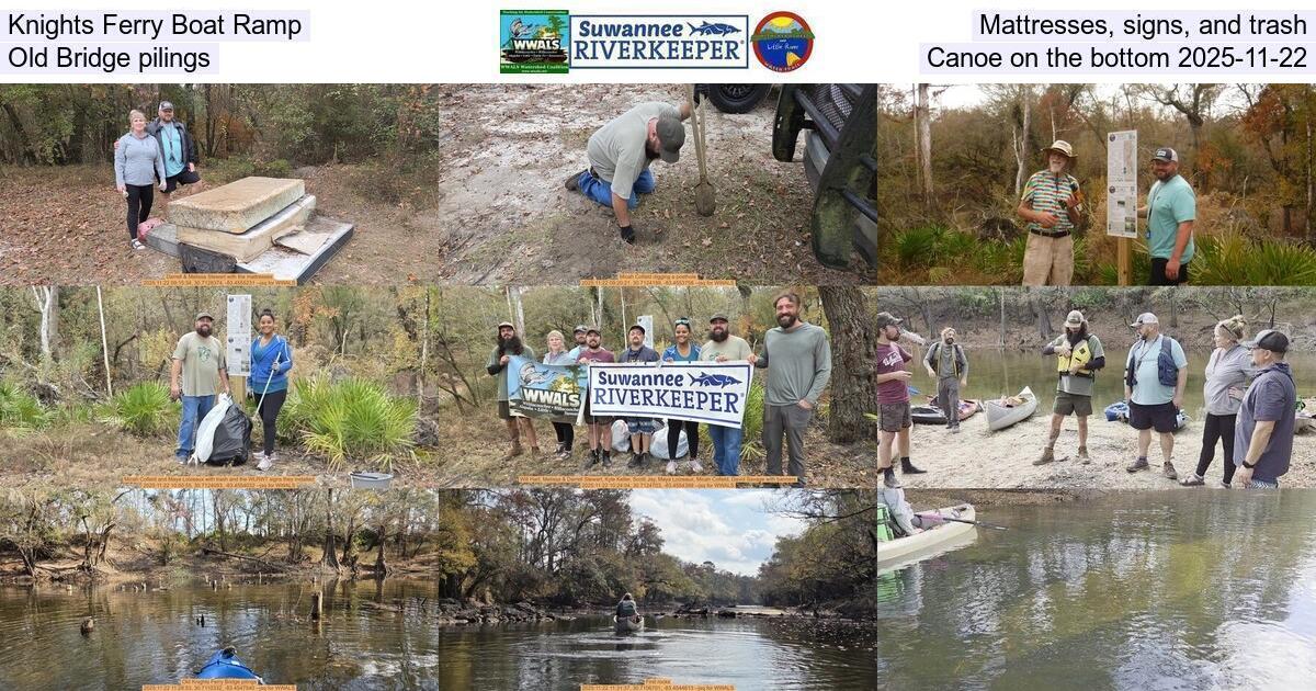 Knights Ferry Boat Ramp, Mattresses, signs, and trash, Old Bridge pilings, Canoe on the bottom 2025-11-22