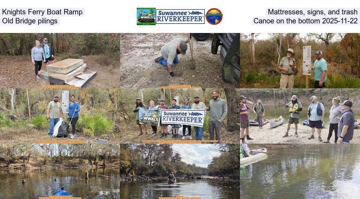 Knights Ferry Boat Ramp, Mattresses, signs, and trash, Old Bridge pilings, Canoe on the bottom 2025-11-22