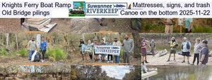 [Knights Ferry Boat Ramp, Mattresses, signs, and trash, Old Bridge pilings, Canoe on the bottom 2025-11-22]