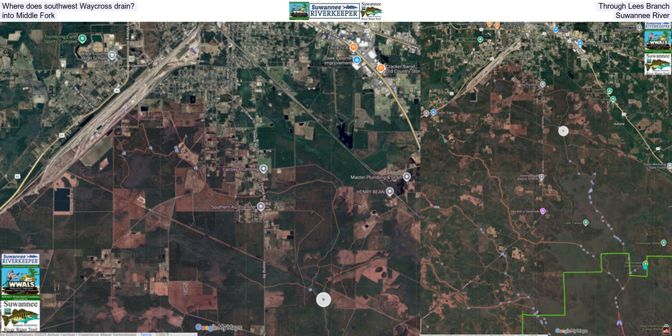 Where does southwest Waycross drain? Through Lees Branch, into Middle Fork, Suwannee River