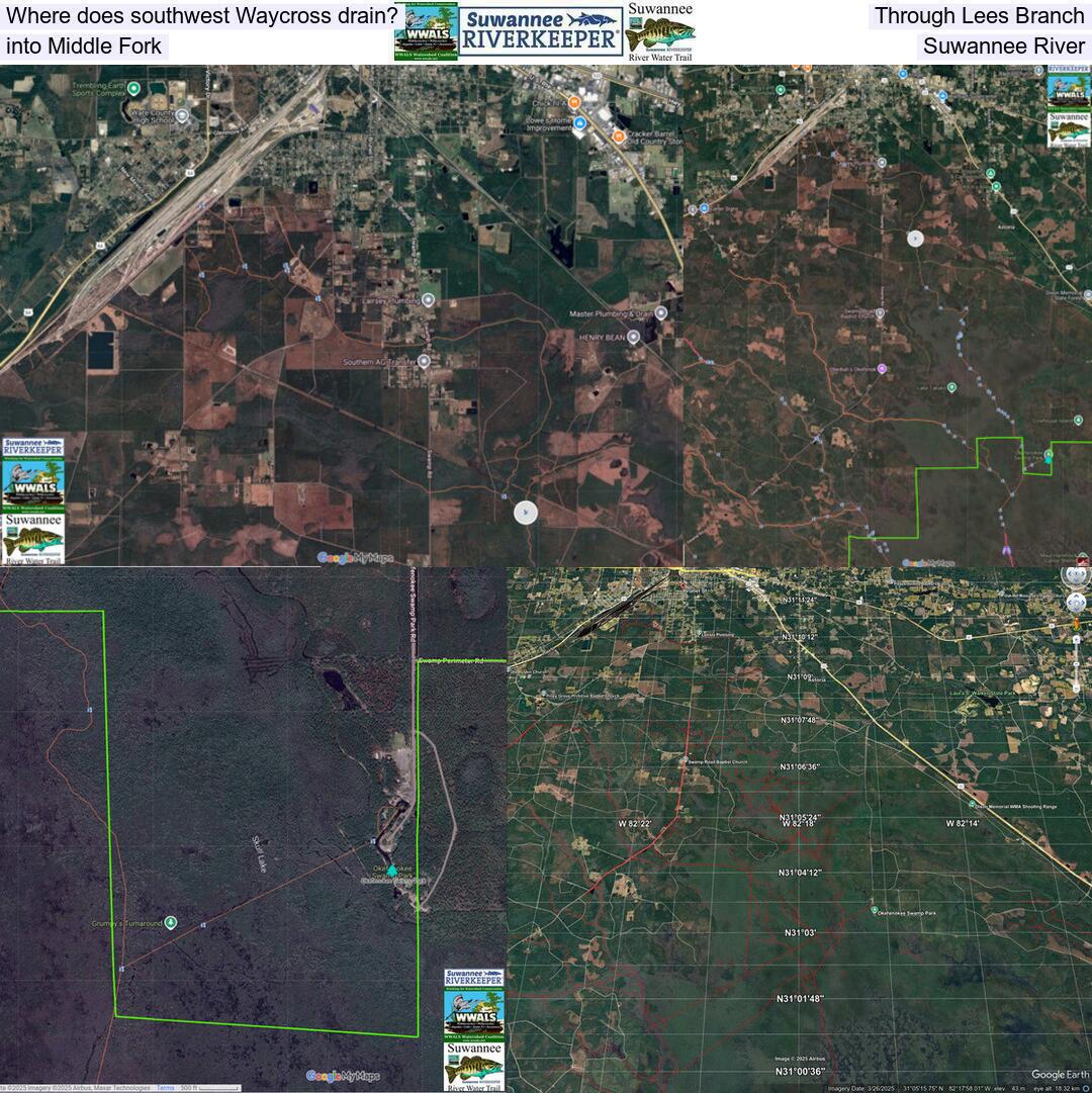 Where does southwest Waycross drain? Through Lees Branch, into Middle Fork, Suwannee River