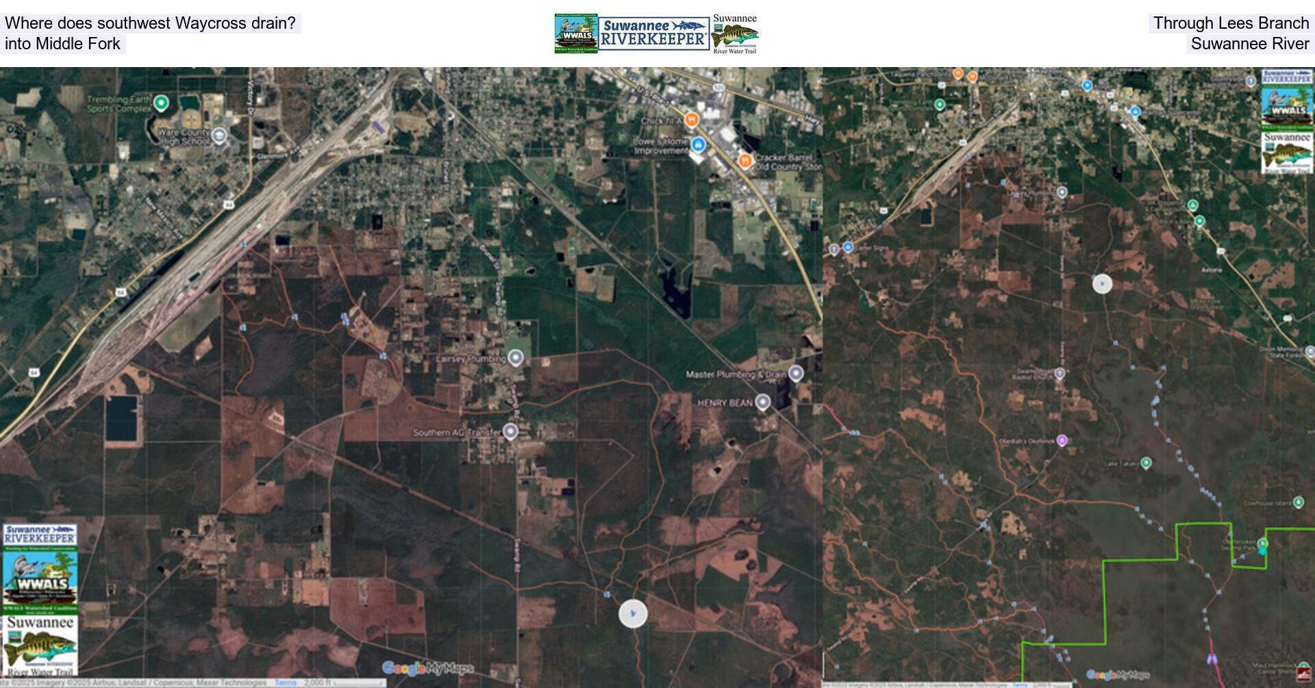 [Where does southwest Waycross drain? Through Lees Branch, into Middle Fork, Suwannee River]