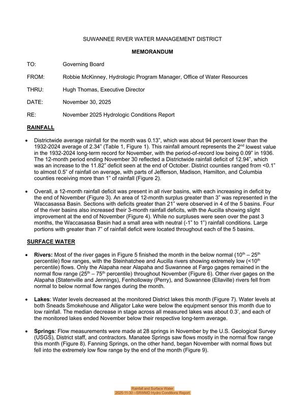 [Rainfall and Surface Water, 2025-11-30 --SRWMD Hydro Conditions Report]