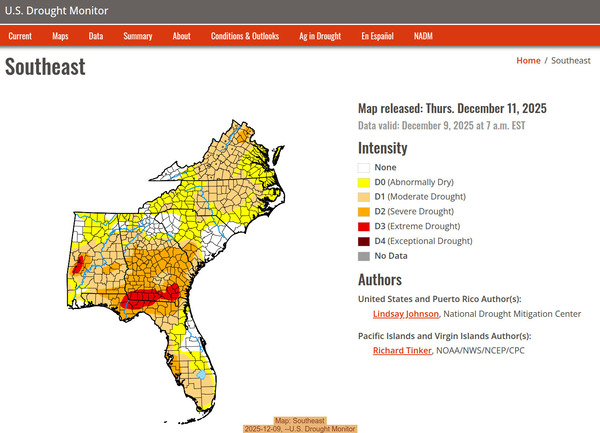 [Map: Southeast, 2025-12-09, --U.S. Drought Monitor]