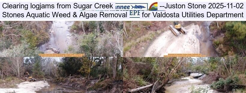 Clearing logjams from Sugar Creek --Juston Stone 2025-11-02, Stones Aquatic Weed & Algae Removal, for Valdosta Utilities Department