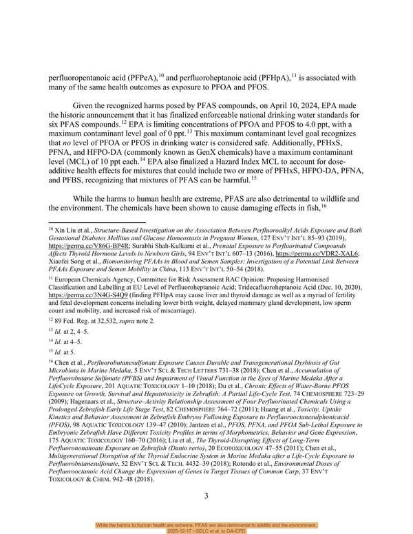 While the harms to human health are extreme, PFAS are also detrimental to wildlife and the environment. 2025-12-17 --SELC et al. to GA-EPD