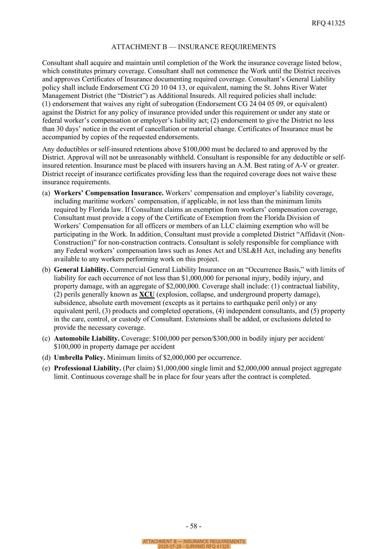 ATTACHMENT B — INSURANCE REQUIREMENTS, 2025-07-28 --SJRWMD RFQ 41325