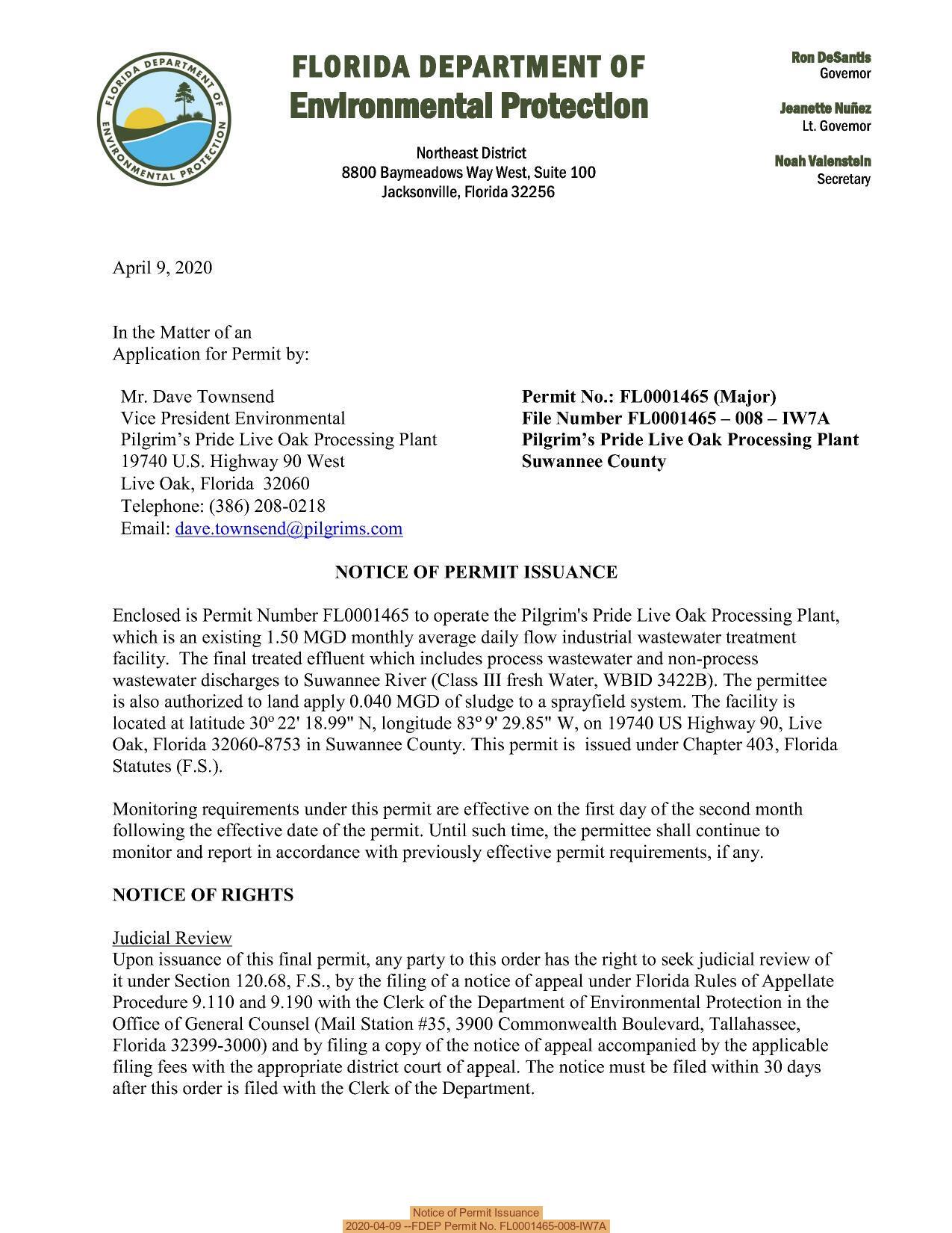 Notice of Permit Issuance, 2020-04-09 --FDEP Permit No. FL0001465-008-IW7A