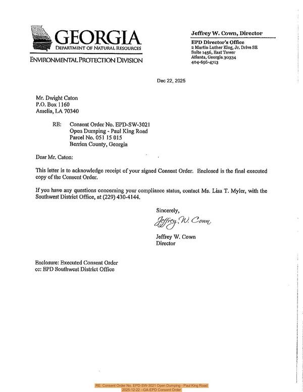 [RE: Consent Order No. EPD-SW-3021 Open Dumping - Paul King Road, 2025-12-22 --GA-EPD Consent Order]