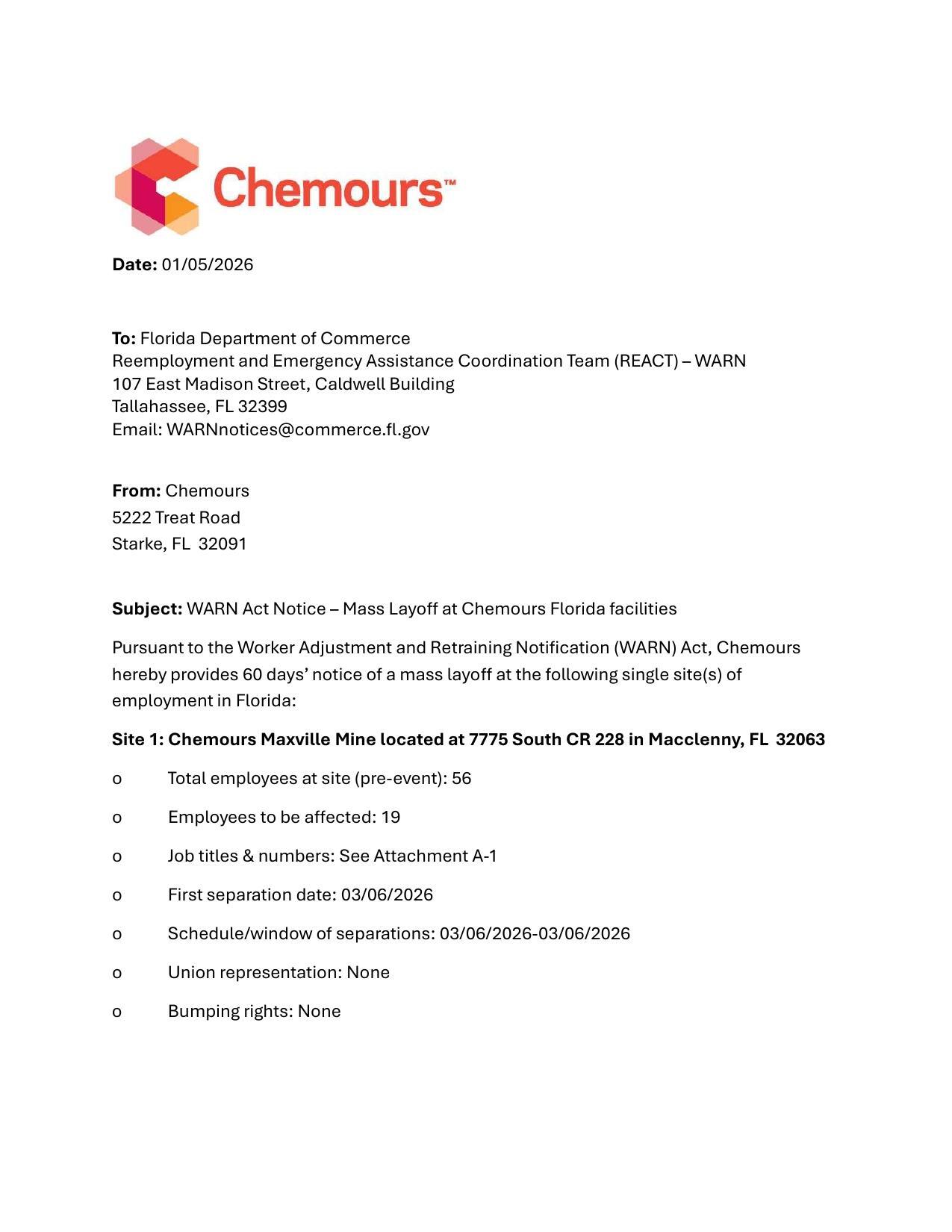 Site 1: Chemours Maxville Mine located at 7775 South CR 228 in Macclenny, FL 32063