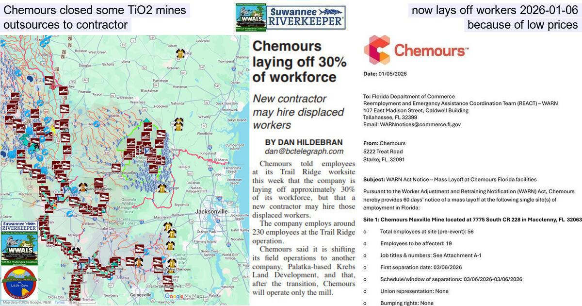 Chemours closed some TiO2 mines, now lays off workers 2026-01-06, outsources to contractor, because of low prices