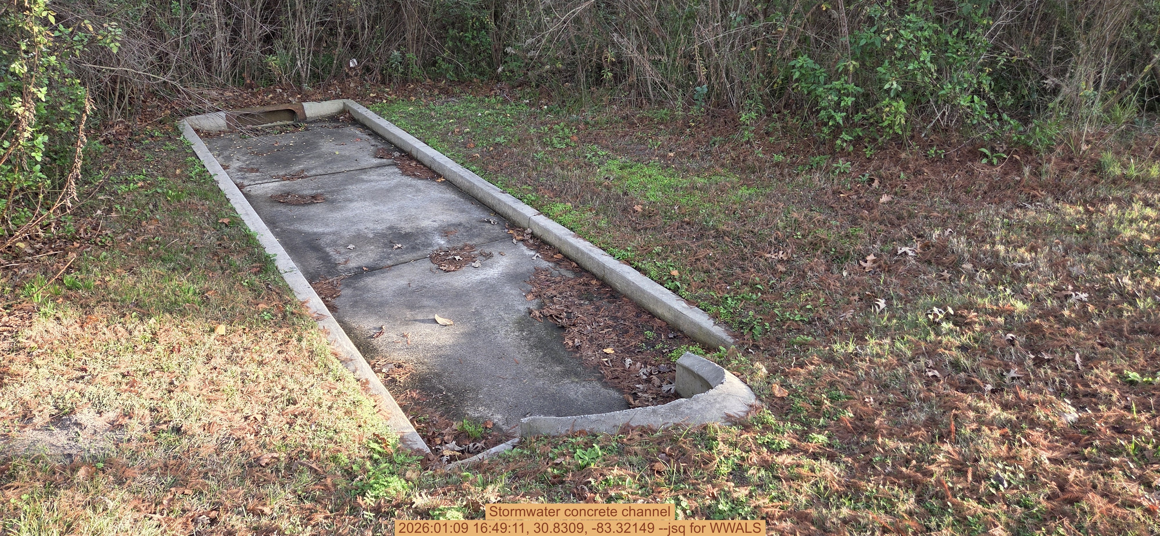 Stormwater concrete channel, 2026:01:09 16:49:11, 30.8309, -83.32149 --jsq for WWALS