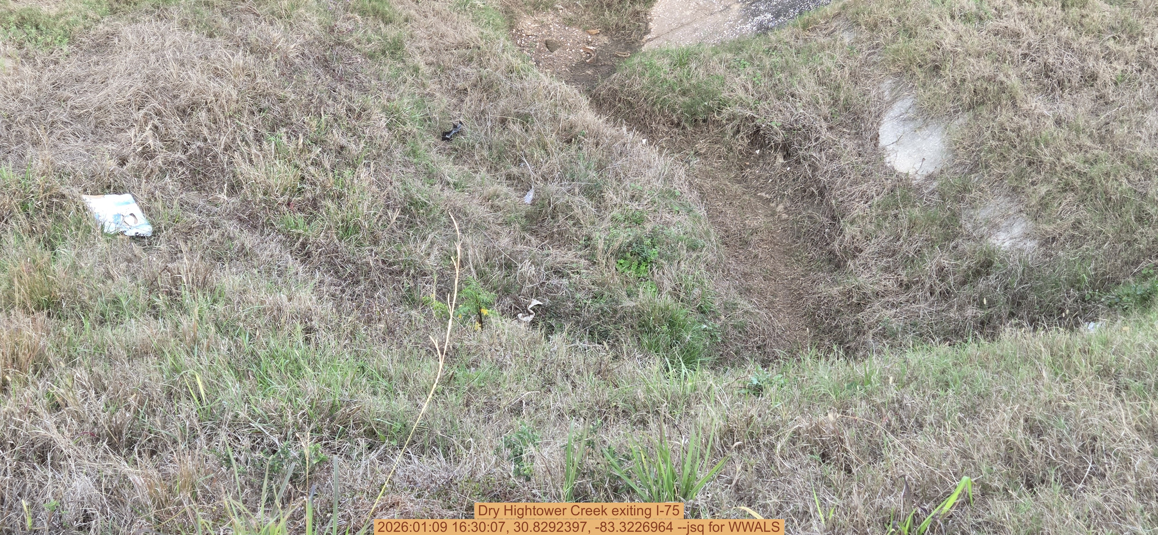 Dry Hightower Creek exiting I-75, 2026:01:09 16:30:07, 30.8292397, -83.3226964 --jsq for WWALS