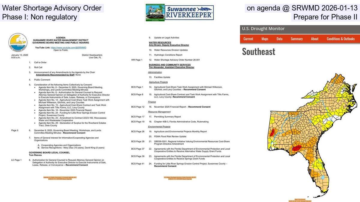 Water Shortage Advisory Order, on agenda @ SRWMD 2026-01-13, Phase I: Non regulatory, Prepare for Phase II