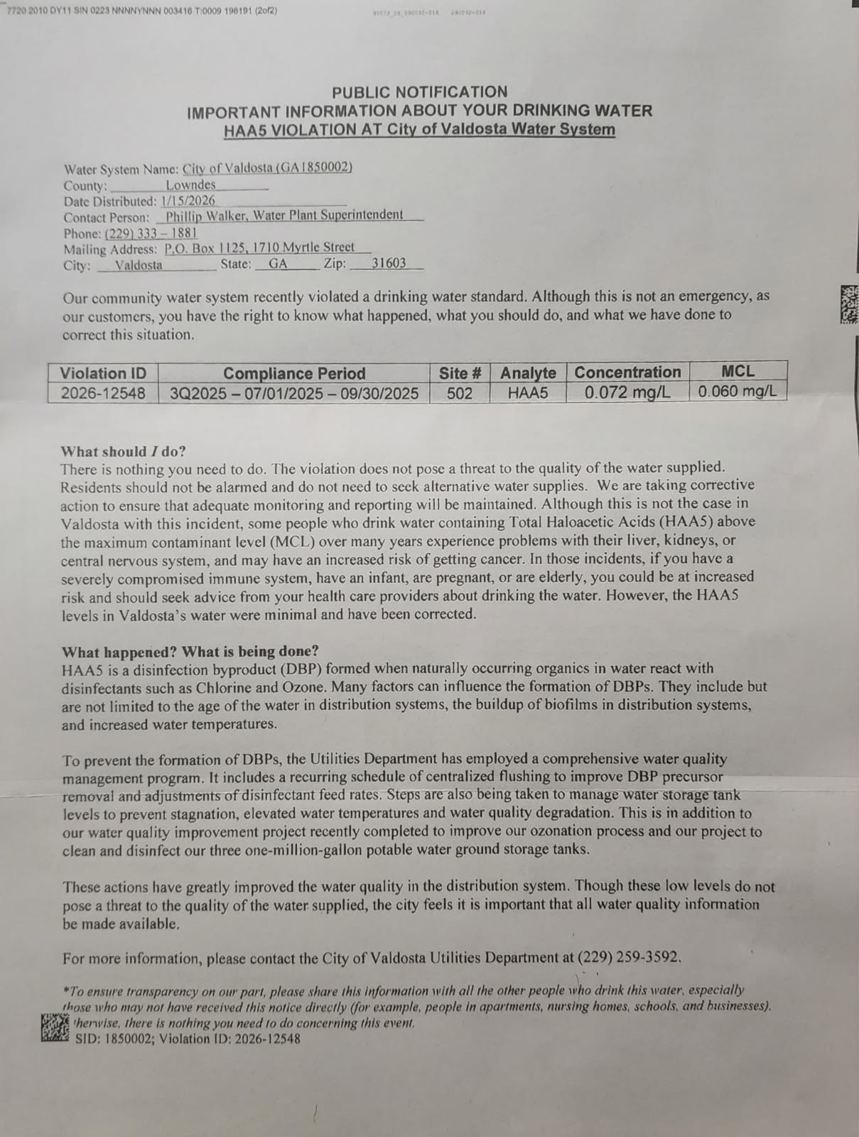 HAA5 Violation at City of Valdosta Water System, 2026-01-15 --City of Valdosta