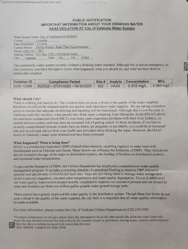 [HAA5 Violation at City of Valdosta Water System, 2026-01-15 --City of Valdosta]