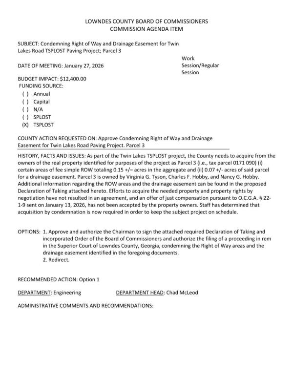 [BUDGET IMPACT: $12,400.00 FUNDING SOURCE: (xX) TSPLOST]