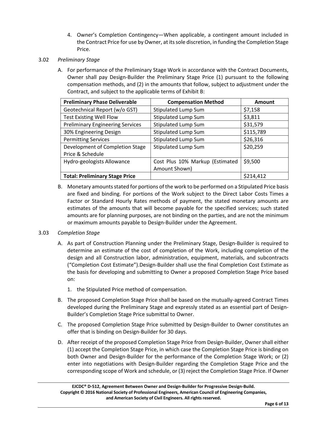Table: Preliminary Stage Compensation Amounts