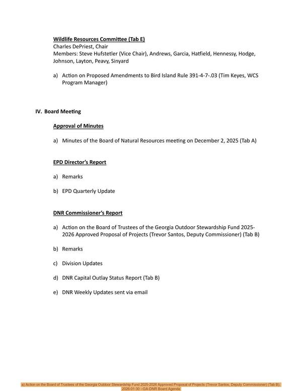 a) Action on the Board of Trustees of the Georgia Outdoor Stewardship Fund 2025-2026 Approved Proposal of Projects (Trevor Santos, Deputy Commissioner) (Tab B). 2026-01-30 --GA-DNR Board Agenda