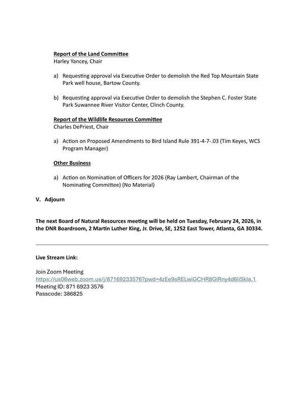 b) Requesting approval via Executive Order to demolish the Stephen C. Foster State Park Suwannee River Visitor Center, Clinch County.