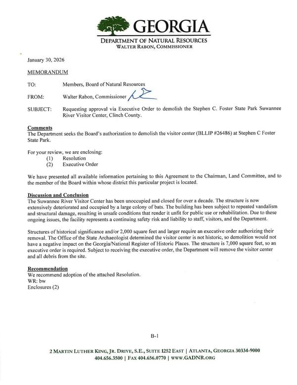 [Requesting approval via Executive Order to demolish the Stephen C. Foster State Park Suwannee River Visitor Center, Clinch County.]