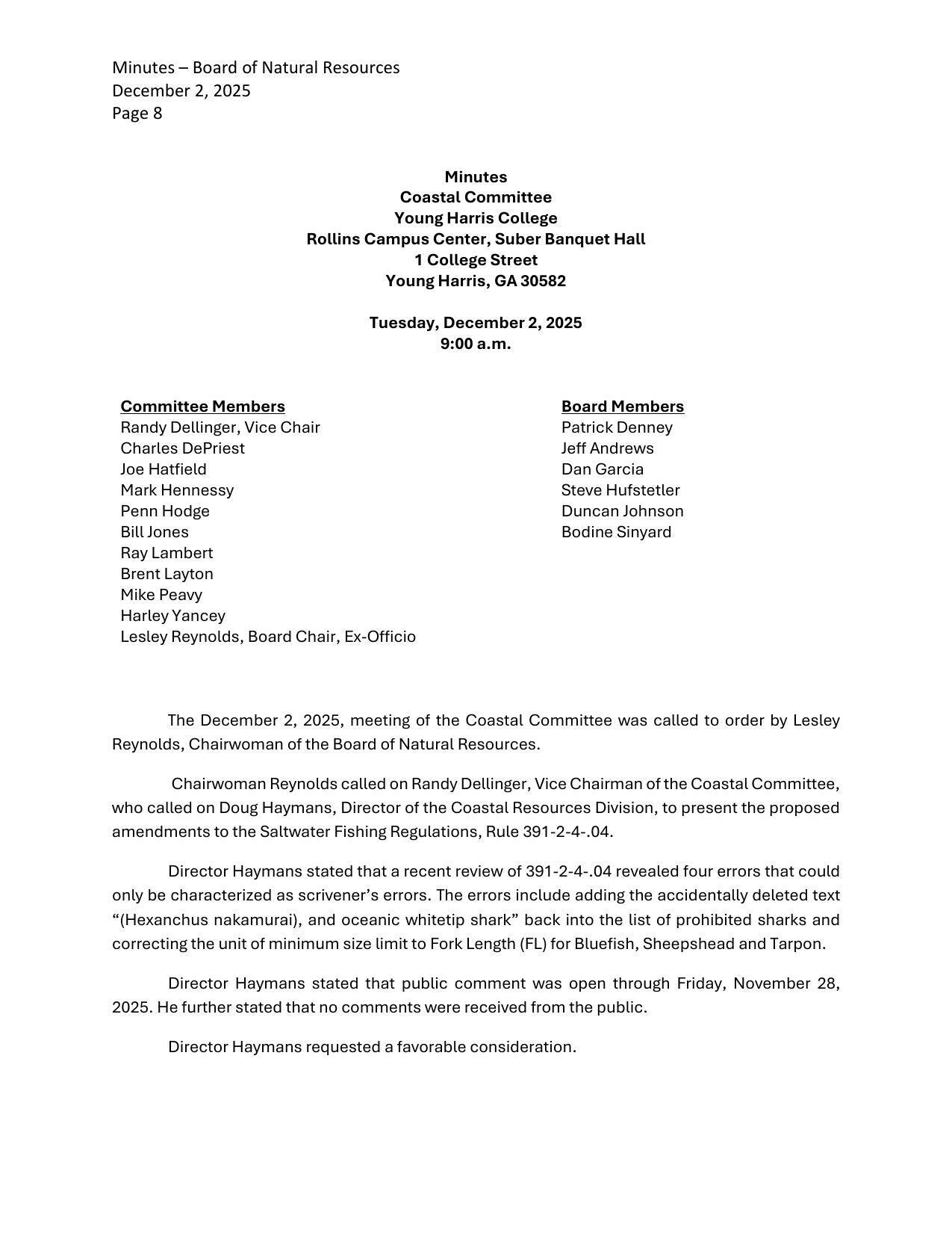 Minutes, Coastal Committee, December 2, 2025