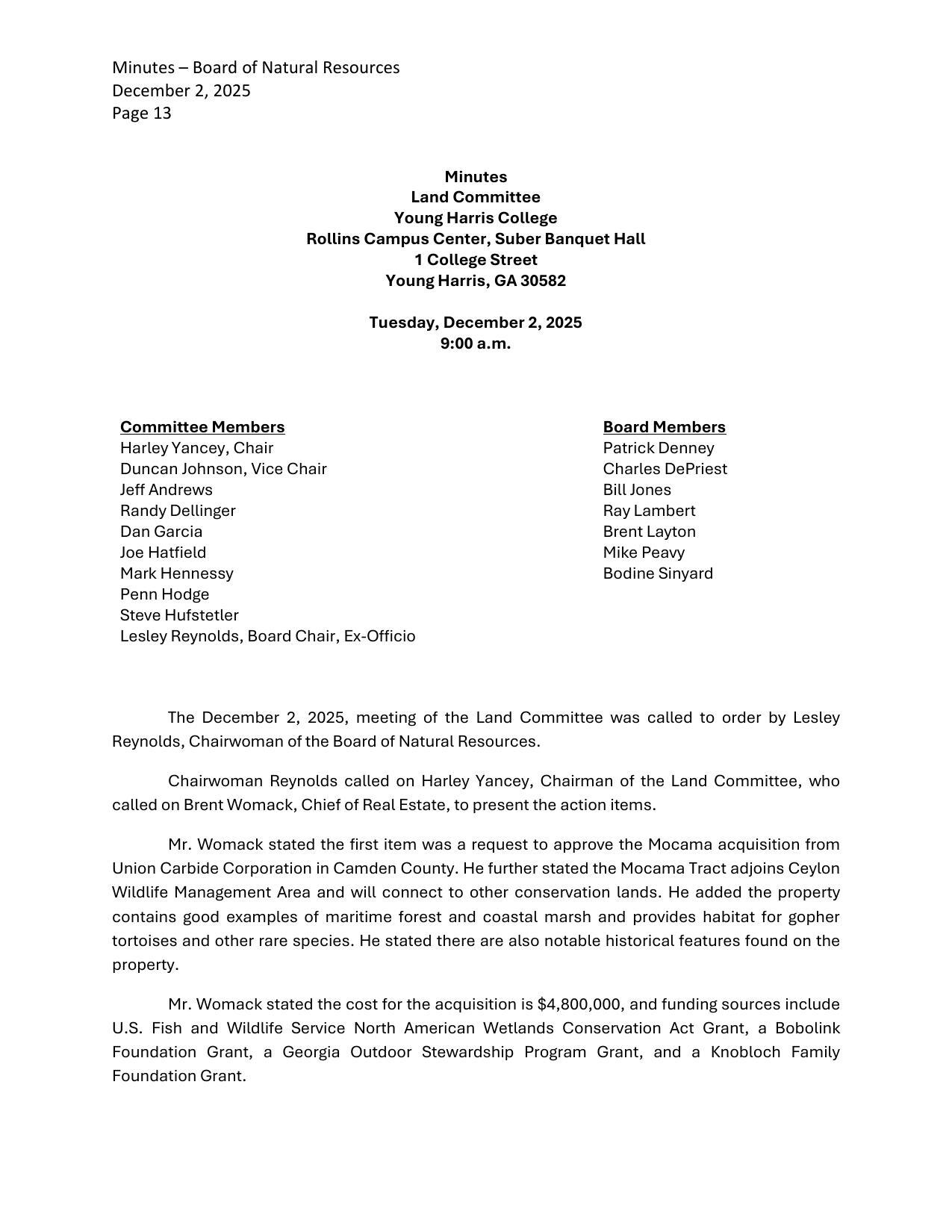 Minutes, Land Committee, December 2, 2025